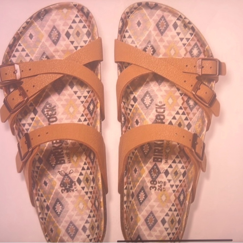 Birkenstock Tan Franca Vegan Birkibuc~ Pecan Sandals with Patterned Footbed
